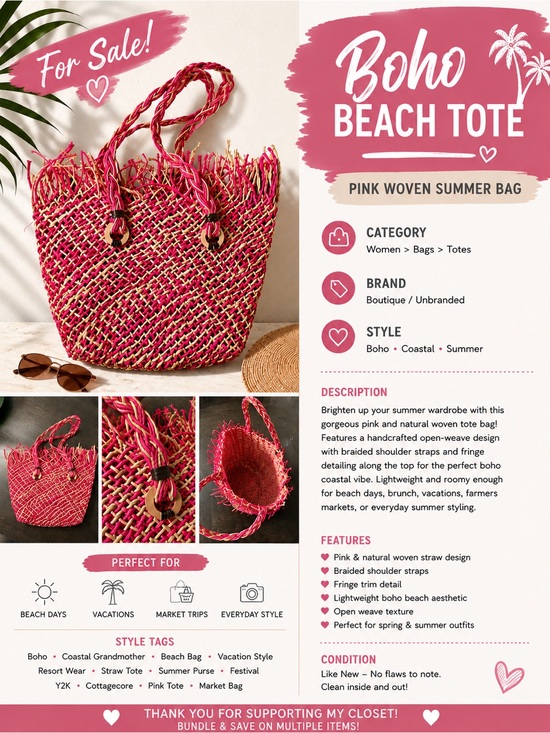Handbags - Boho Pink Woven Beach Tote - Vacation Style Straw Bag